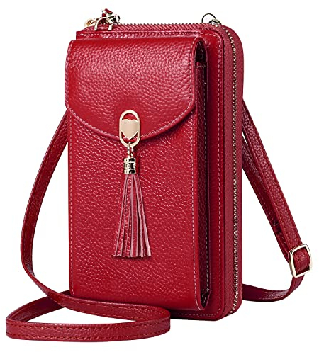 BTNEEU Handytasche zum Umhängen Damen Leder Handy Umhängetasche RFID Schutz Kleine Crossbody Tasche Handy Geldbeutel Handytasche Geldbörse mit 12 Kartenfächer Verstellbar Schultergurt (Rot)