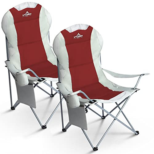 Wyldness Premium Padded Camping Chairs Set of 2 - Luxury Collapsible Outdoor Seats with Side Pockets & Cup Holder, Lightweight, Heavy-duty & Waterproof for Garden, Fishing, Picnic, Travel (Red)