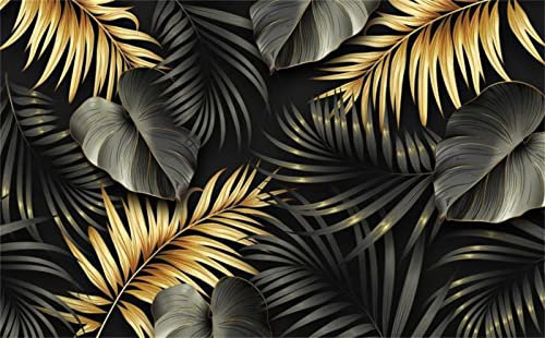 Papier Peint de Photo, feuille d'or noir Papier Peint Intissé Panoramique Poster Tableaux Muraux pour Salon Chambre D'enfants Restaurant Décoration Murale 300x210 cm