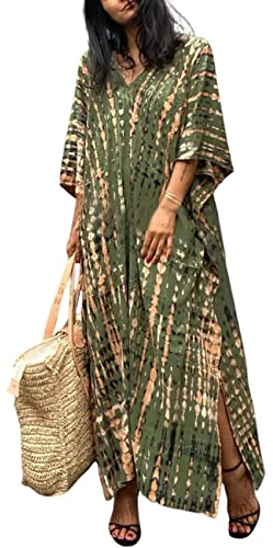 Bsubseach Women Kaftan Dresses Half Sleeve Plus Size Bathing Suit Cover Ups Tie Dye Caftan Dresses Light Army Green