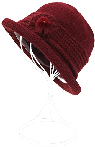 ZffXH Winter Herbst Wolle Strickmütze 1920 Vintage Beanie Cap Kirche Bucket Hat für Frauen Damen, dunkelrot, L