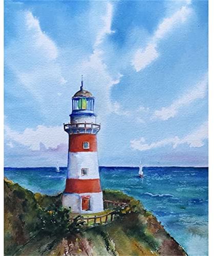 Malen Nach Zahlen Erwachsene,Leuchtturm am Meer DIY Handgemalt Ölgemälde Leinwand Kits mit Pinseln Acrylpigment Zeichnung für Erwachsene Kinder Paint by Numbers für Haus Wand Decor 40x50cm Ohne Rahmen
