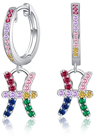 Fische Sternzeichen Ohrringe mit Bunt Zrkonia - Qings Damen Mädchen Creolen 925 Sterling Silber Klein Horoskop Anhänger Hängend Hoop Ohrringe 12 Konstellation Sternbild Astrologie Schmuck Geschenk