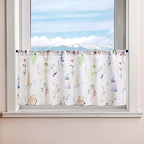 Delien Scheibengardine Bunt Bistrogardinen mit Tunnelzug Landhaus Küchengardine Bedruckte Cafe Kurzstores Weiß Kurze Gardinen mit Blumenmuster Modern 1 St. Breite x Höhe 90x30cm
