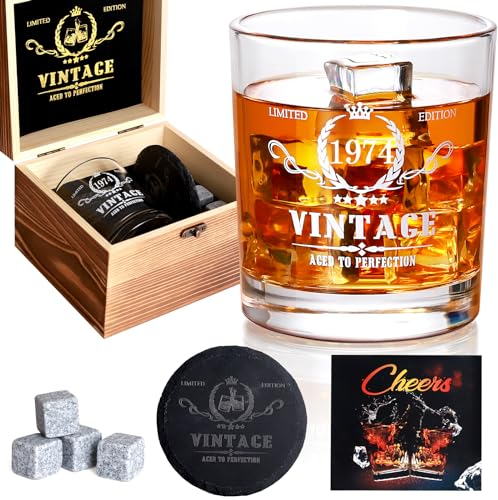 50th Birthday Gifts Men, Vintage 1975 Whiskey Glass Set - 50th Birthday Decorations - 50 Years Anniversary, Bday Gifts Ideas for Him, Dad, Husband, Friends - Wood Box & Whiskey Stones & Coaster