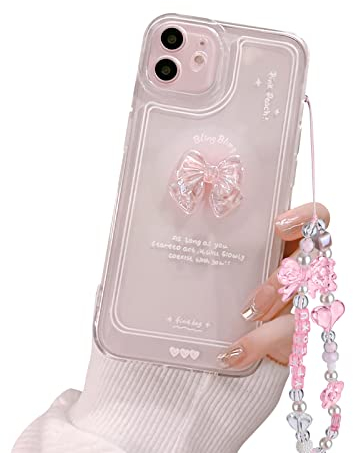 Ownest Compatible with iPhone 12 Case, Cute 3D Pink Bowknot Slim Clear Aesthetic Design Women Girls Glitter Sparkly Protective Phone Cases for iPhone 12 + Crystal Chain
