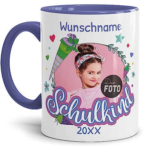 Tassendruck Personalisierbare Tasse zur Einschulung - Schulkind mit Foto, Name und Jahr personalisiert - personalisierte Geschenke zur Einschulung Mädchen | 300ml, Innen & Henkel Cambridge Blau