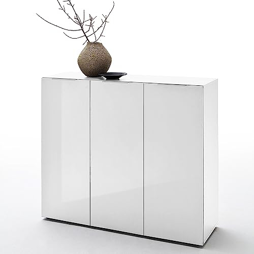 Lomadox Kommode Schuhschrank 3-türig in weiß Hochglanz, B/H/T ca. 120/101/39 cm | Platz für ca. 30 Paar Schuhe