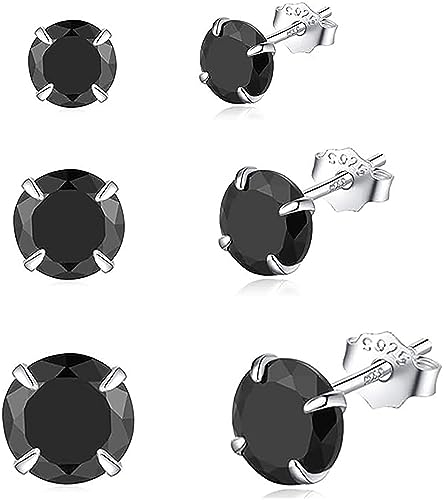 Hmzidz 3 Paare Ohrstecker Silber 925 mit Diamant, Zirkonia Ohrringe Schwarz, Piercing Set, Unisex Klein Schmuck, Glitzer für Frauen Mädchen Herren