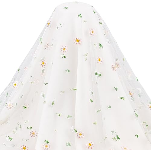 BENECREAT 2 Yard Blumen-Organza-Spitzenstoff, 125cm Gänseblümchen Polyester Bestickte Netzspitze Bekleidungszubehör Für Schleier, Kleid, DIY Crafts Vorhang Home Vintage Dekor