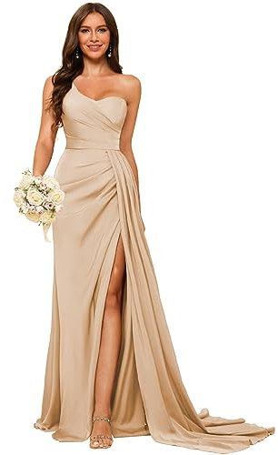 Dessiny Robes de demoiselle d'honneur sirène asymétrique pour femme 2025 avec fente longue froncée en satin DE94, rose gold, 42