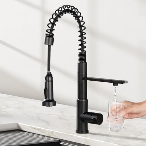 CREA 3 Wege Spiralfeder Küchenarmatur, Trinkwasserhahn Küche mit Brause ausziehbar, Wasserhahn Armatur Küche, Mischbatterie Spültischarmatur Küche für Osmoseanlage und Wasserfilter, Edstahl schwarz