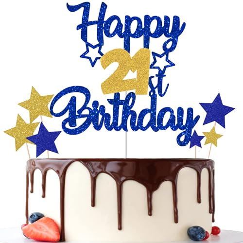 Gidobo 21st Birthday Cake Toppers, Blue Gold Glittery Cake Decorations with Stars, Twenty-One Years Old Birthday Party Supplies for Men and Women