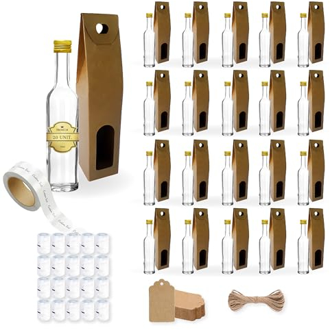 20 mini botellas de cristal de 50 ml con tapón de rosca dorado + caja + sello + etiqueta Kraft + hilo + etiqueta personalizable | mini frascos de alcohol pequeños frascos de muestras | regalos, bodas
