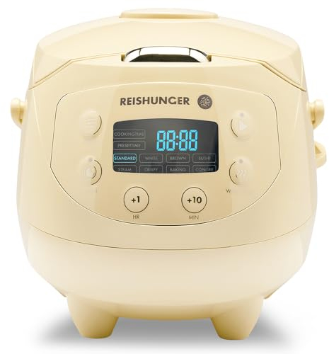 REISHUNGER mini olla arrocera eléctrica y vaporera amarillo claro para hasta 3 personas (0,6 l) - Olla arrocera con 8 programas - Con pantalla LED y función automática de mantenimiento del calor