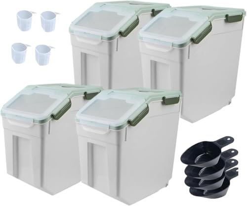 RUIAN Large Airtight Storage Container,25lb Flour Rice Storage Containers Bin with Wheels Seal Locking Lid, with Measuring Cup&Scoop for Flour, Rice, Grain(Green, 4PCS)