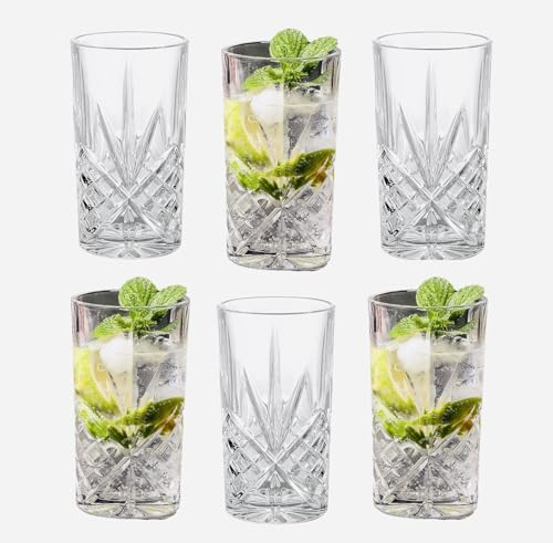 UNIQUE CRAFTS | Crystal Clear Highball Glasses Set of 6, 370ml | Premium Quality, Modern Design | Ideal for Cocktails, Whiskey, Juice, Water | Dishwasher, Freezer, Microwave Safe