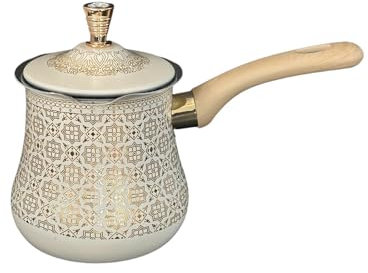 DimyFew Türkische Kaffeekanne, Butterwärmer, Kaffeezubereitung, Langer Holzgriff, Schmelztiegel, Milchwärmer, Kanne, Home Cafe, leicht zu reinigen, Goldenes Muster, 550 Ml