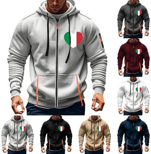 Generico Felpa con Cappuccio da Lavoro Uomo Invernale - Bandiera Italiana Casual Classica con Cerniera Intera Hoodies - Sweatshirt Pullover Tops Semplice Moda Giacca Felpa Manica Lunga
