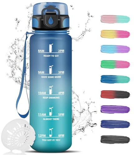 Gourde- 1L - Gourde Sport anti Fuite, Facile à Nettoyer, Gourde Motivation avec Marqueur de Temps, Bouteille d'eau avec Marqueur de Temps, Gourde Plastique pour Running, Vélo, Sport, Bleu-Vert