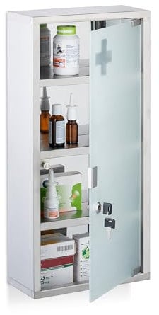 Relaxdays Medizinschrank, 4 Fächer, HBT: 57 x 27 x 12 cm, abschließbarer Medikamentenschrank, Edelstahl, Glastür, Silber