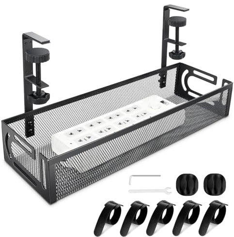 Under Desk Cable Tray, No Drill Standing Desk Cable Management Tray Cable Basket, Desk Cable Tidy Metal Mesh Wire Organiser, Black, 1 Pack