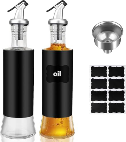 Lrocotanc Bouteille Huile Olive Bec Verseur 300 ml – Lot de 2 Bouteilles Huile et Vinaigre avec Entonnoir & Étiquettes – Anti-Goutte Idéal Sauce Soja Cuisine Barbecue Salades