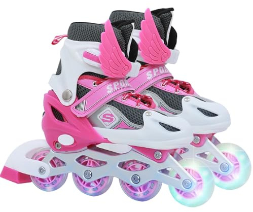 FALANZATH Rollschuhe, Inliner Roller Skates mit 3 Größen Verstellbar, LED Rädern, Mehrere Größenoptionen, Inlineskates für Kinder Jungen Mädchen (Rosa, M (33-37 EU / 203-233 MM))