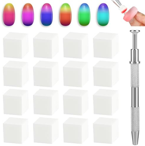 JSRQT 100Pcs Soft Nail Art Sponges for Ombre with Metal Grabber Pen, Gradient Aura Nail Art Tools,Manicure Supplies for DIY Nails