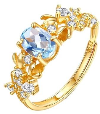 Generisch 925 Silber Ringe Mit Natürlichen Edelsteinen, Vergoldet, Verstellbar, Solitär-Zirkonia-Fingerring, Verlobungsring Mit Simuliertem Diamanten, Ehering Für Sie, Schmuckgeschenke, Blautopasring