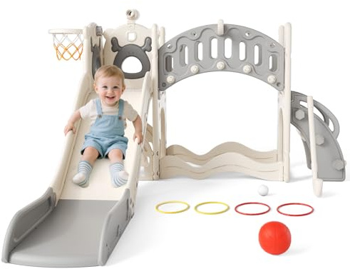 Krovtoy Kleinkinderrutsche, Kinderrutsche mit Basketballkorb, Aufbewahrungsbox und Kleinkinderklettergerüst, freistehende Rutsche für drinnen und draußen (BeigeGrau- Active -6in1)