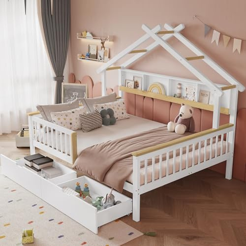 Zravenna Rausfallschutz Kinderbett 140x200cm mit Gitter, Lagerregal und Zwei Schubladen auf Rollen, Hausbett Kinder mit Einzigartiges Dachdesign, Holzbett Rahmen aus Kiefer (Weiß+Natur, 140x200cm)