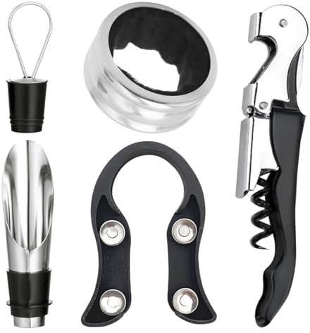 Wine Opener Set, 5 PCS Corkscrew Wine Accessory Set with Bottle Opener, Foil Cutter, Wine Stopper, Drip Ring and Pourer, Great Gift for Wine Lover, Gadgets for Men Women - Black