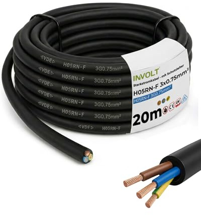 INVOLT 20m Gummikabel H05RN-F 3G0,75 mm², flexibel, robust Gummileitung mit Schutzleiter für Anschluss von Elektrogeräten, VDE