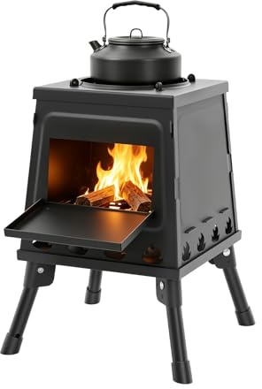 Zeltkocher & Mini Holzofen, Edelstahl Raketenofen Faltbar Zeltofen mit Tragetasche, Brennstab & Handschuhe, Outdoor Zeltheizung Klappbar Campingkocher für Camping, Kochen, Picknick (Schwarz)