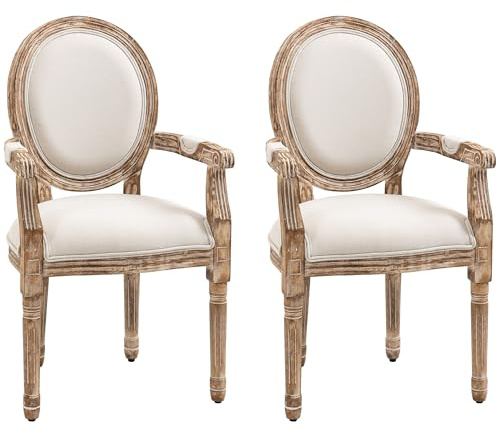 HOMCOM Esszimmerstuhl 2er-Set Retro-Design Küchenstuhl mit Armlehnen und Dicker Polsterung Wohnzimmerstuhl Polsterstuhl im Leinen-Optik für Wohnzimmer Gummiholz Cremeweiß 56 x 55,5 x 96 cm