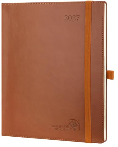 POPRUN 2027 Kalender Wochenplaner ca.A4(25,9 x 21,2cm) mit Softcover | 12-Monate-Terminplaner(Jan.2027-Dez.2027),1 Woche 2 Seite Buchkalender mit 100 GSM Papier für Büro, Studium(Braun)
