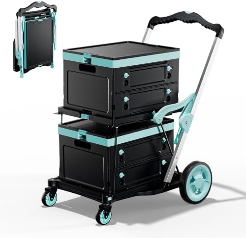 Klappbar Großer Einkaufswagen Trolley zum Schieben mit Klappboxen | 2 Etagen mit 4 Rädern & abnehmbar Klappbox, Aluminiumrahmen Langlebige, für Supermarkt Picknick Lagerung, Einkaufen Transport