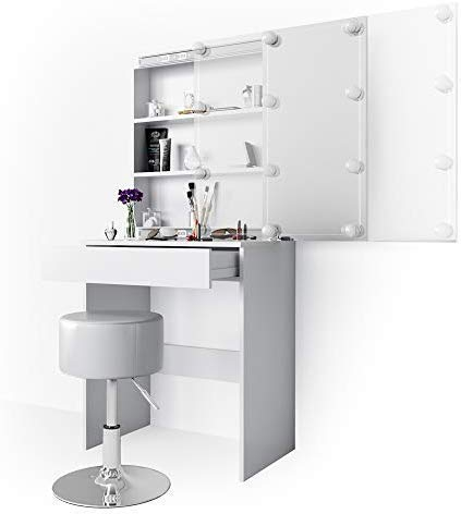 Vicco Schminktisch Melle, Kosmetiktisch mit Spiegel, Weiß, 68 cm mit LED Beleuchtung und Hocker