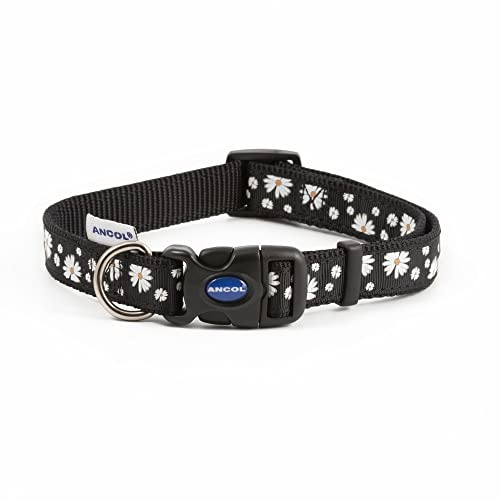 Ancol Black Daisy Nylon Adjustable Dog Collar - Black - Hardwearing Snap Buckle Pet Walking Accessory - 20-30cm