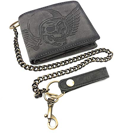 Jockey Club Portefeuille de motard en cuir véritable - Avec chaîne de 50 cm et protection RFID, gris foncé, s, Porte-monnaie