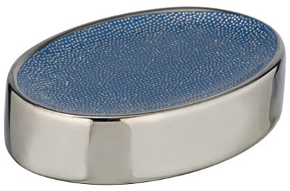 WENKO Seifenablage Nuria, Seifenschale zur Aufbewahrung von Handseife aus hochwertiger Keramik mit luxuriös-strukturierter Oberfläche in Silber/Blau, 12 x 3 x 8 cm