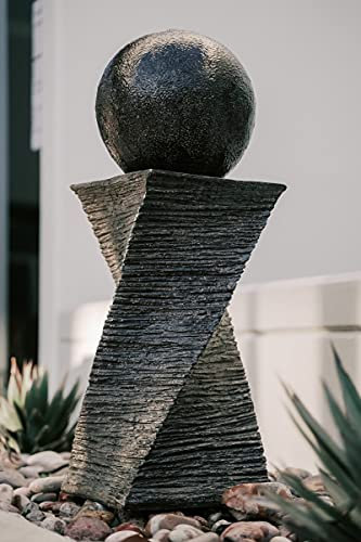 XBrand Modern Zen Ball Water Fountain, Curved Swirl Sphere Indoor Outdoor Decor, 30 Inch Tall, Black