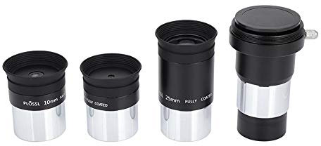Bindpo Juego de oculares con telescopio Plossl de 1.25 Pulgadas, Lente PL de 4 mm + 10 mm + 25 mm + Lente Barlow de Aumento 2X para telescopio astronómico