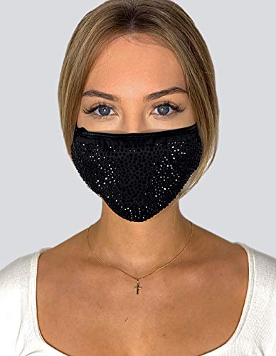 PREMIUM Gesichtsmaske mit Strasssteinen und Pailletten - Maske für Erwachsene, Damen und Herren (Schwarz Strass dezent)
