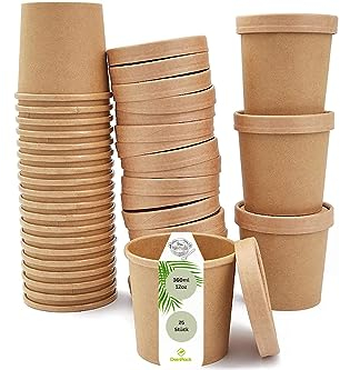 DeinPack 25 Suppenbecher to go mit Deckel braun 360ml 12oz I Becher mit PLA Innenbeschichtung Suppen-Becher to Go Pappe I 25 Bio Einweg-Becher mit Deckel | Eisbecher mit Deckel | biologisch abbaubar
