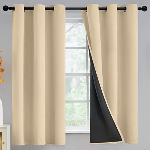 Yakamok Rideaux 100 % occultants pour chambre à coucher, rideaux occultants avec dos noir, isolation thermique, panneaux à œillets solides pour salon, 106 x 160 cm, beige, 2 panneaux
