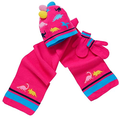 Boys Girls Knitted Dinosaur Unicorn Pattern Winter Hat Scarf Mitts Set UK Seller - Pink Dinosaur - 2-6 Years