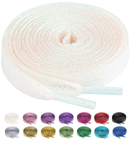 Olukssck 2 Paar Glitzer Schnürsenkel für Sportschuhe und Sneaker, Farbige Flache Schuhbänder 10mm breit, Weiß, 120cm