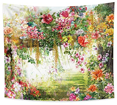 YONGFOTO 220x190cm Feder Landschaft Wandteppich, Buntes Meer von Blumen Rebe Wandteppiche Kamelie Gänseblümchen Gelbe Blüten Blätter Gras Rasen Wandteppich Für Wohnzimmer Schlafzimmer Dekor